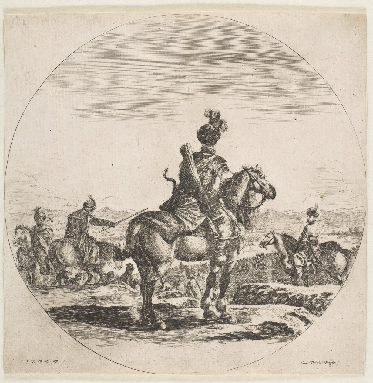 Polsk rytter med bue og pil, set bagfra med hesten mod højre, en ..., ca. 1651. af Stefano della Bella