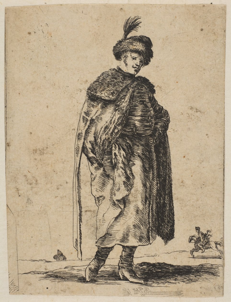 Polsk mand med overskæg iført pelsfrakke og hat med fjer, ca. 1648. af Stefano della Bella