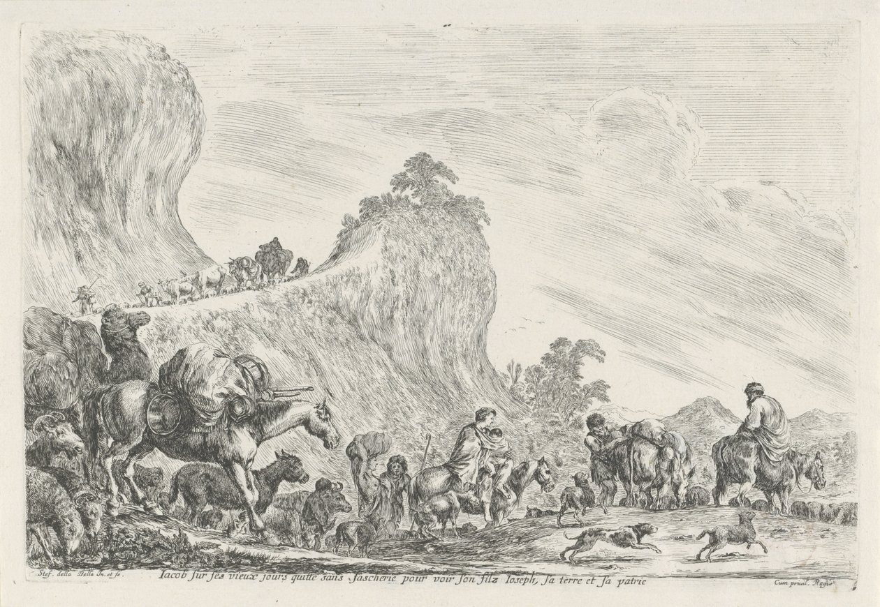 Reis van Jakob til Egypten Jakob drager på sine gamle dage uden vrede for sin søn Joseph, land og hans fædreland (titel på objekt) af Stefano della Bella
