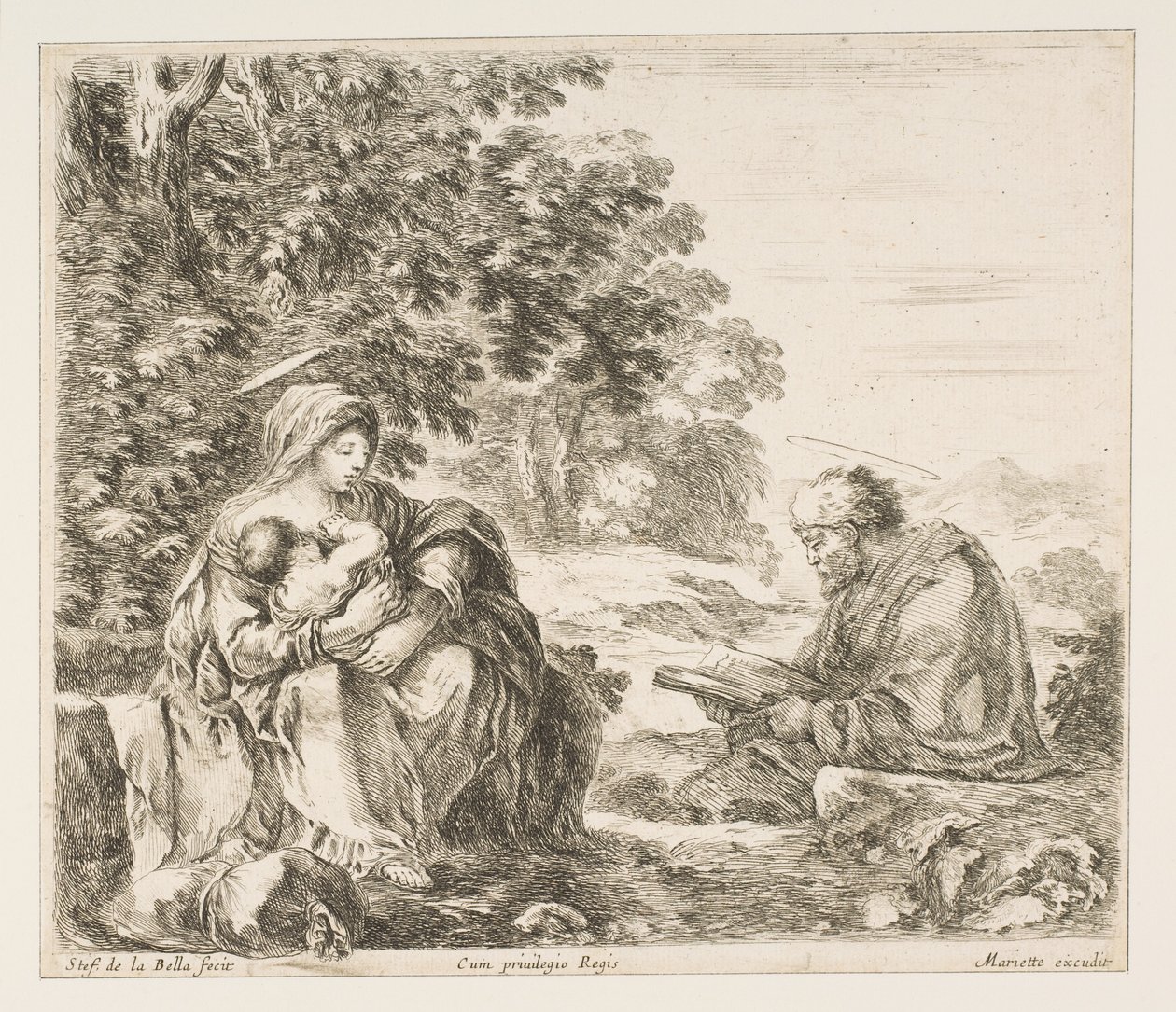 Hvil på flugten til Egypten, ca. 1649. af Stefano della Bella