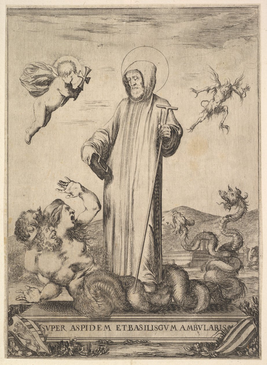 Saint Jean Gualbert tramper et monster med to menneskehoveder og en slangekrop, en flue..., 1640. af Stefano della Bella
