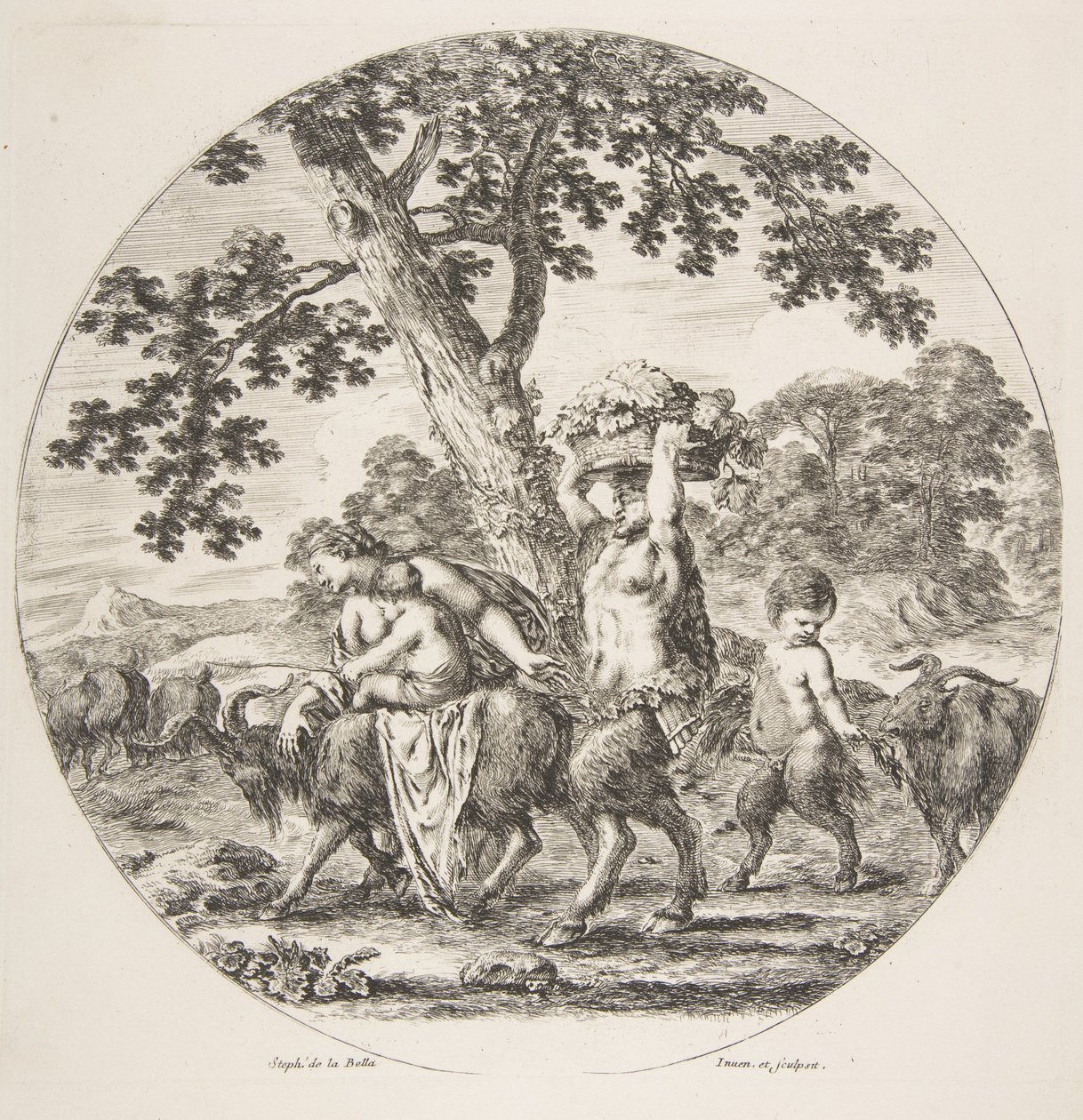 Satyrfamilien går mod venstre med to geder og en kurv med druer, ca. 1657. af Stefano della Bella