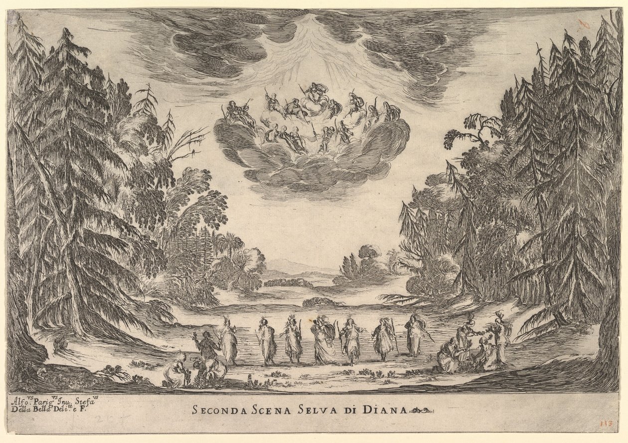 Anden scene, i Dianas skov, fra gudernes ægteskab Le nozze degli Dei, 1637. af Stefano della Bella