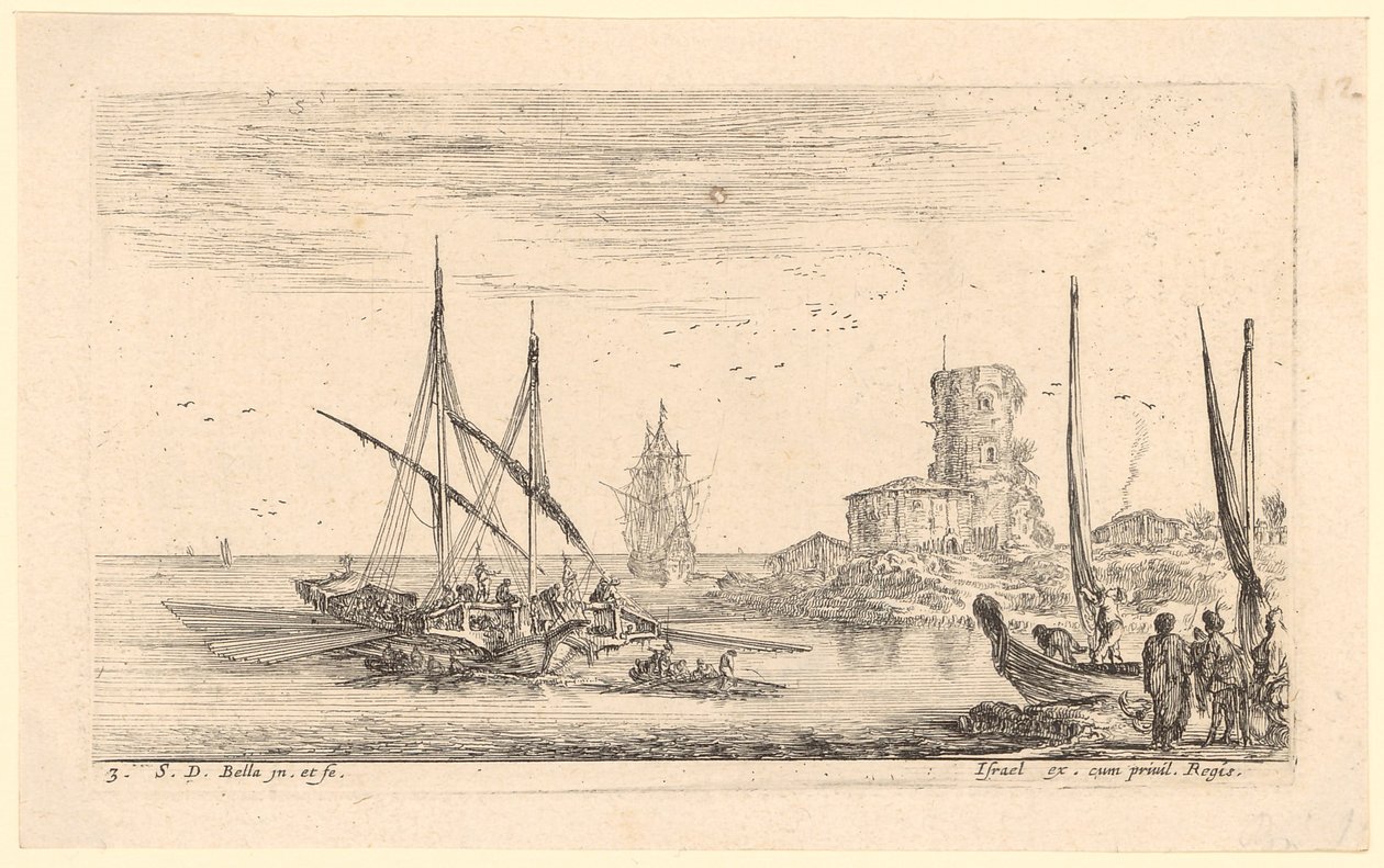 Havudsigt med flere skibe og et gammelt tårn ved stranden af Stefano della Bella