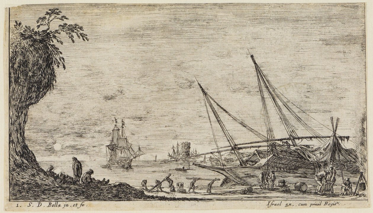 Havlandskaber (Paysages maritimes): Havn med søfolk og arbejdere, der transporterer tømmerstammer af Stefano della Bella