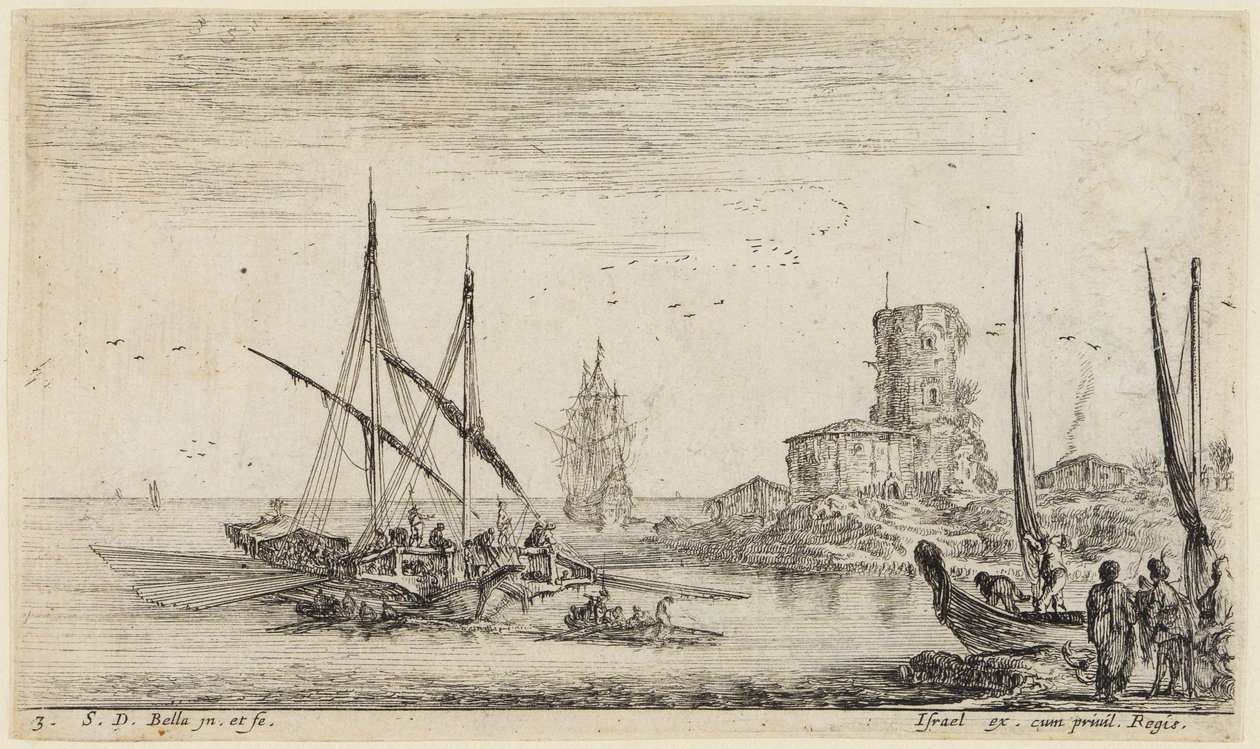 Havlandskaber (Paysages maritimes): Havlandskab med gammelt tårn af Stefano della Bella
