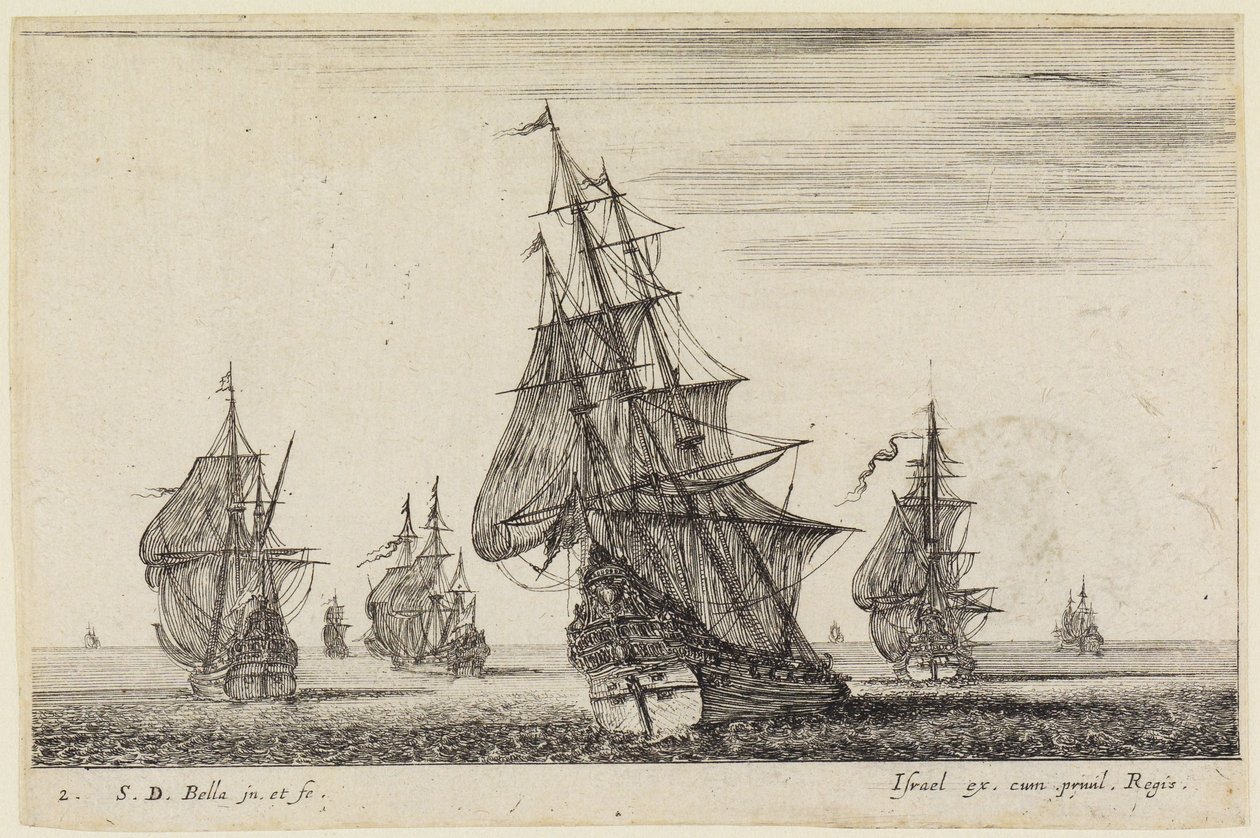 Havlandskaber (Paysages maritimes): Et skib, der sætter sejl, i forgrunden, andre i baggrunden af Stefano della Bella