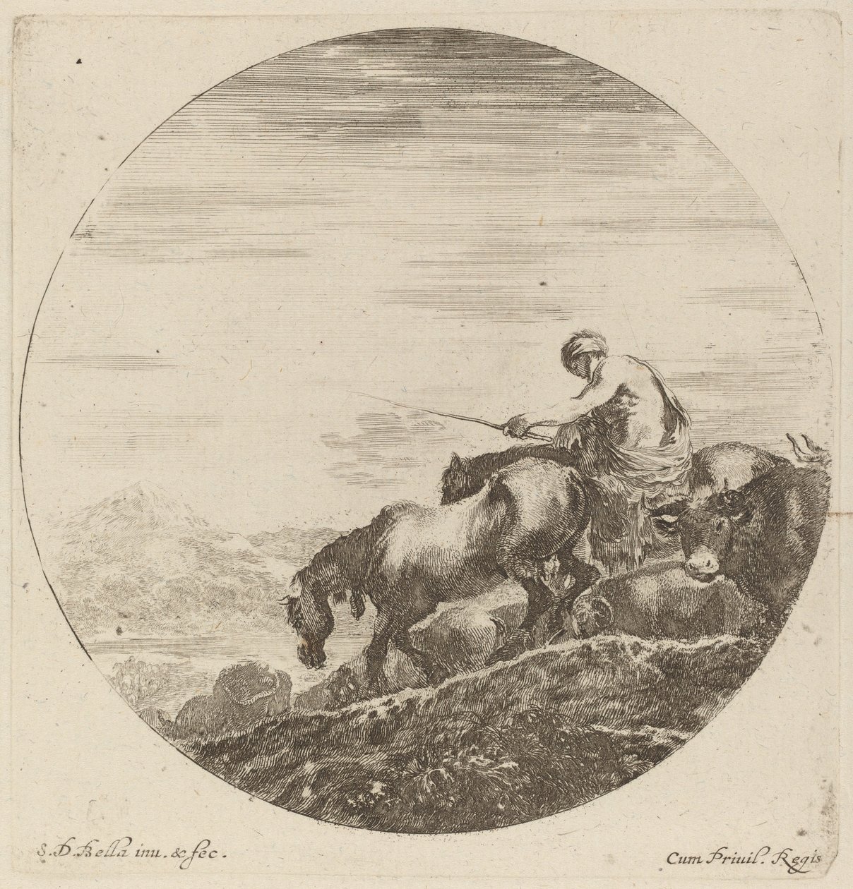 Hyrde på en hest, der driver en flok forskellige dyr af Stefano della Bella