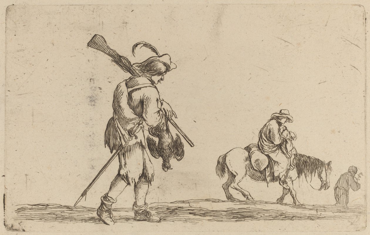 Soldat holder en høns ved fødderne. af Stefano della Bella