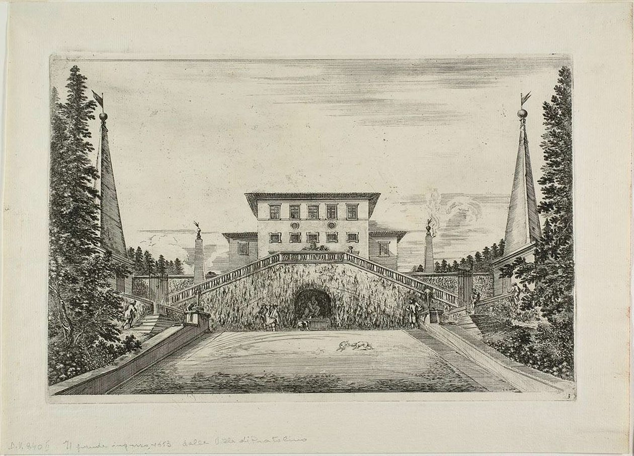 Sydfacade af villaen og den store eng, fra udsigt over Villa Pratolino af Stefano della Bella