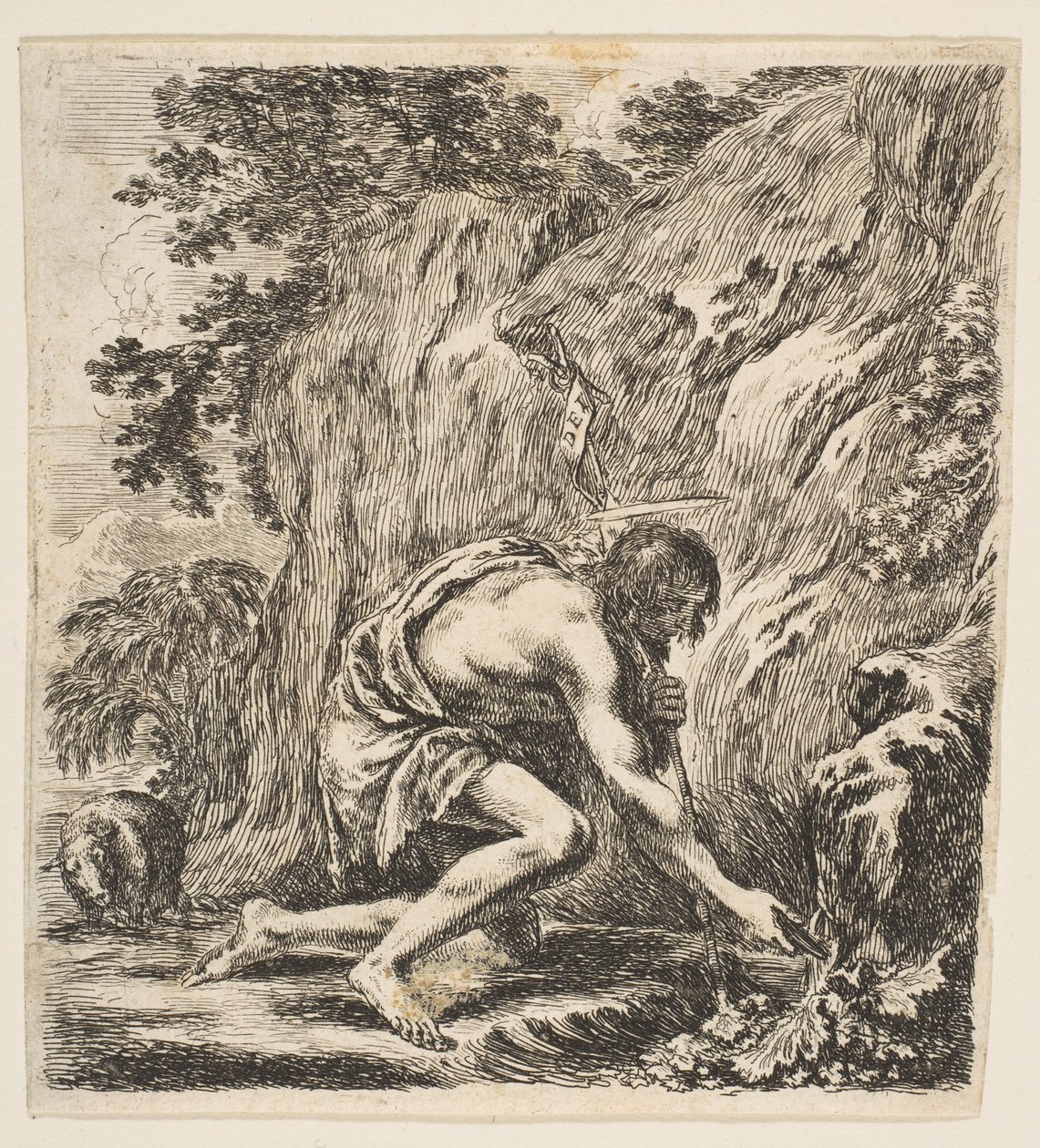 Johannes Døberen trækker vand fra en kilde, ca. 1649. af Stefano della Bella