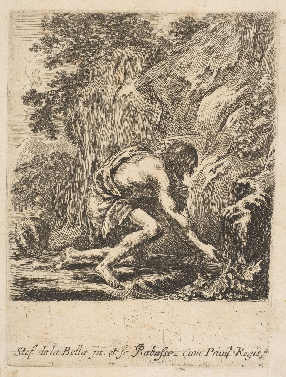 Johannes Døberen trækker vand fra en kilde, ca. 1649. af Stefano della Bella