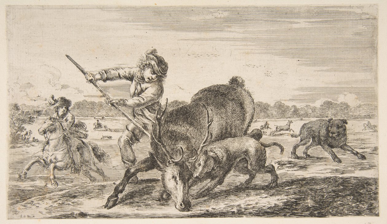 Stag at bay, fra Animal hunts Jagter forskellige dyr, ca. 1654. af Stefano della Bella