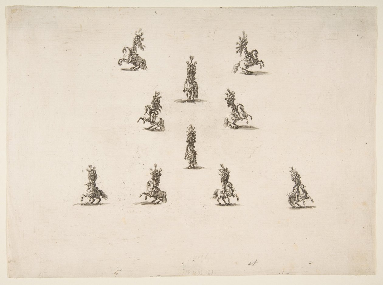 Ti kavalerer inklusive fem danner et V, 1652. af Stefano della Bella
