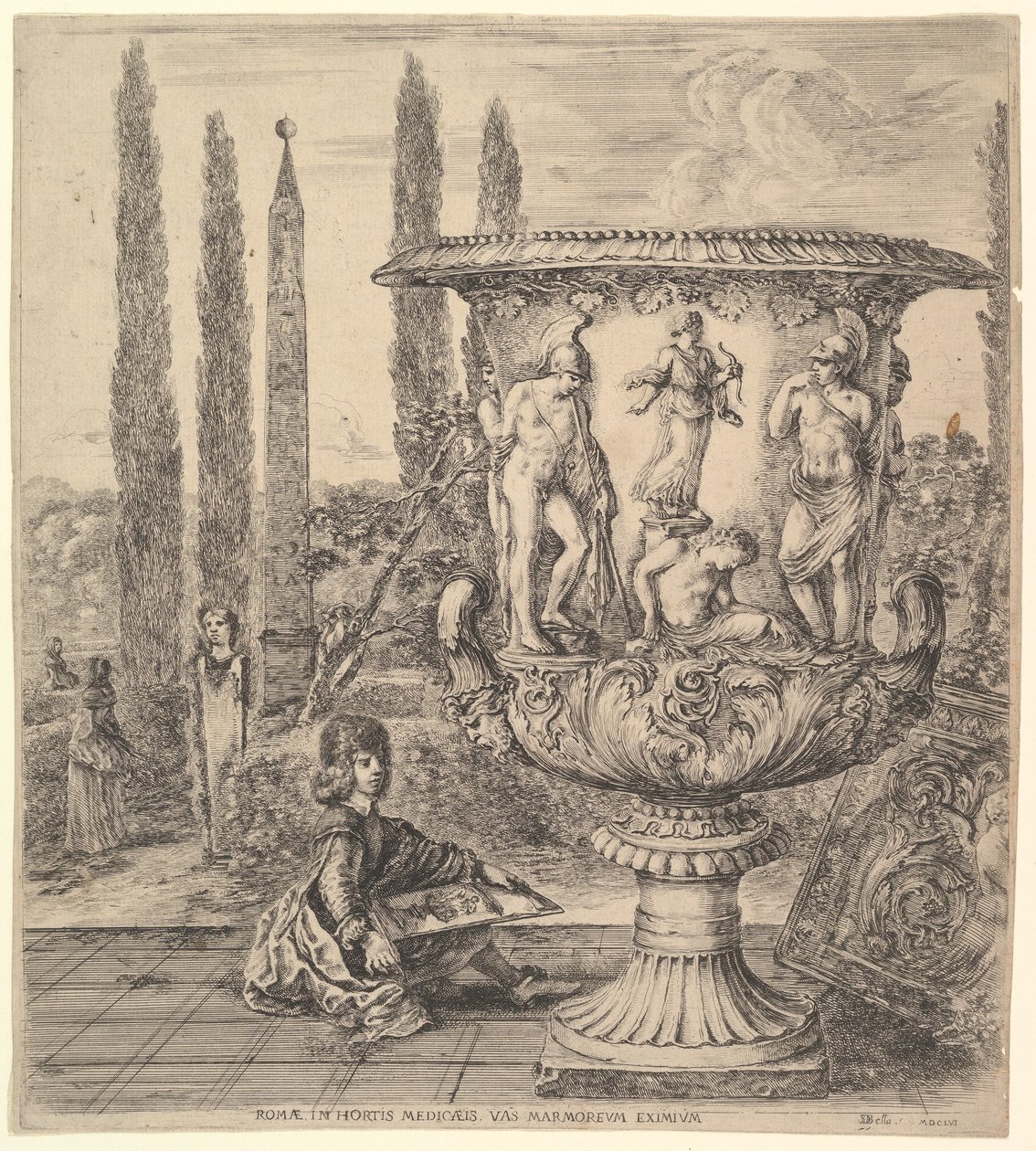 Medici-vasen, en stor vase til højre dekoreret med en repræsentation af ofringen af..., 1656. af Stefano della Bella