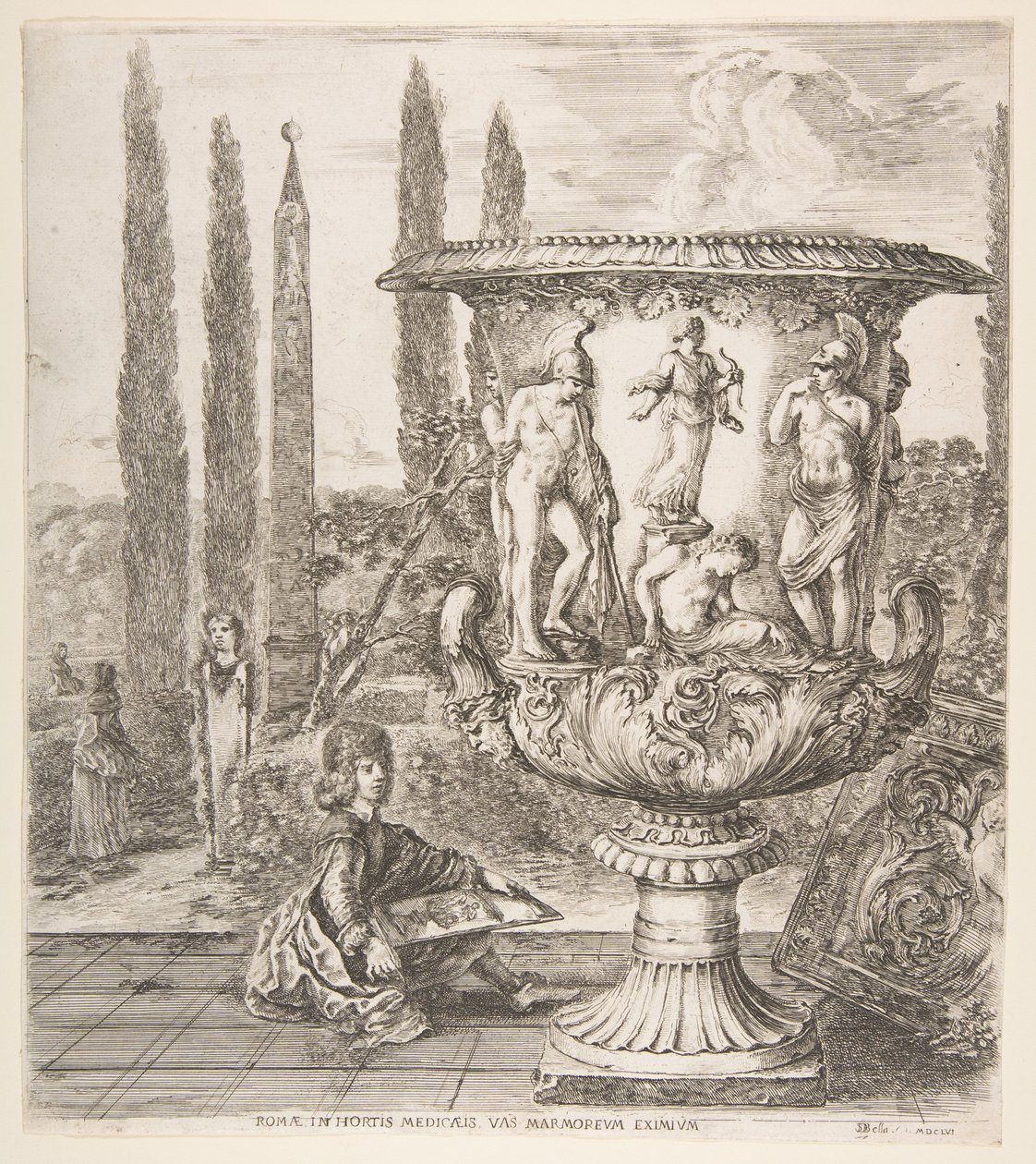 Medici-vasen, en stor vase til højre dekoreret med en repræsentation af ofringen af..., 1656. af Stefano della Bella