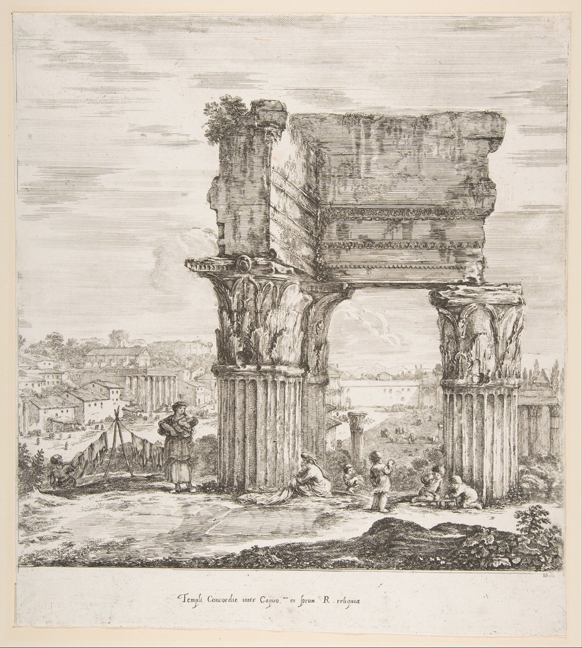 Vespasians tempel og Forum Romanum, fra seks store udsigter, fire af Rom og to ..., 1656. af Stefano della Bella