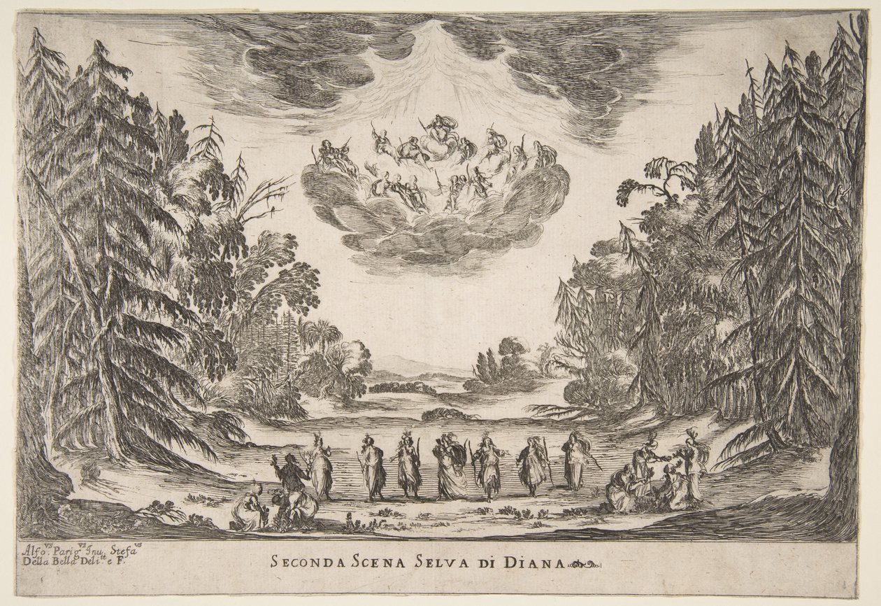 The Wedding of the Gods: Anden scene, Diana, 1637. af Stefano della Bella