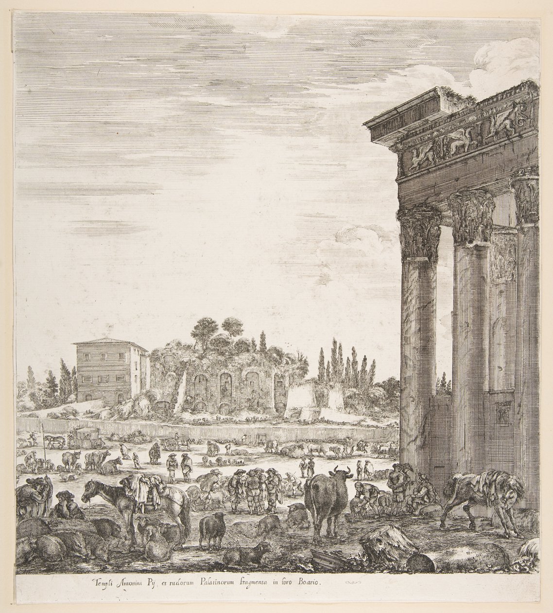 Søjlerne i Antoninus-templet til højre, en del af Campo Vaccino i midten og..., 1656. af Stefano della Bella