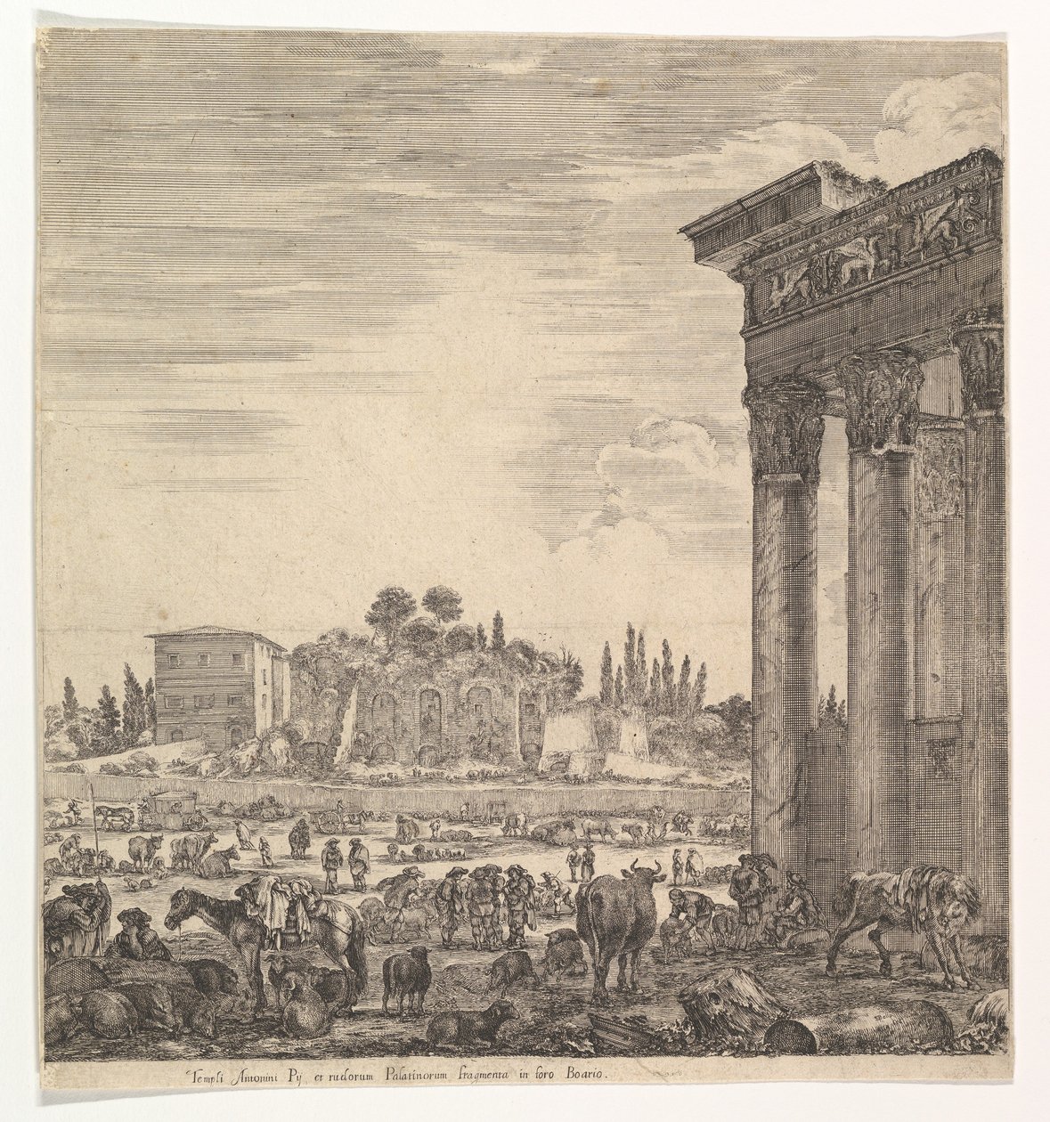 Søjlerne i Antoninus-templet til højre, en del af Campo Vaccino i midten og..., 1656. af Stefano della Bella