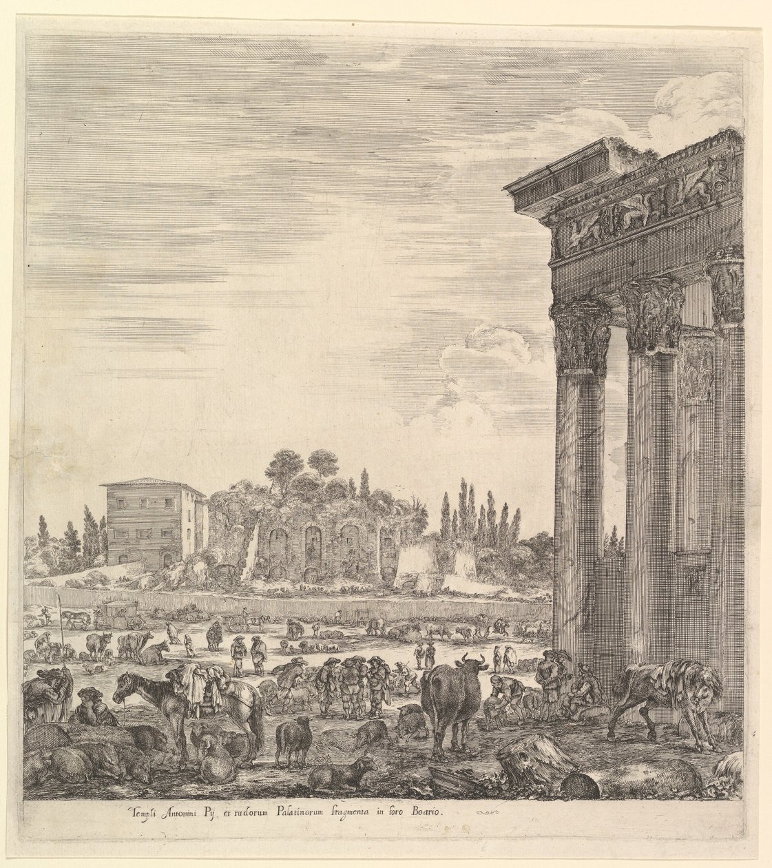 Søjlerne i Antoninus-templet til højre, en del af Campo Vaccino i midten og..., 1656. af Stefano della Bella
