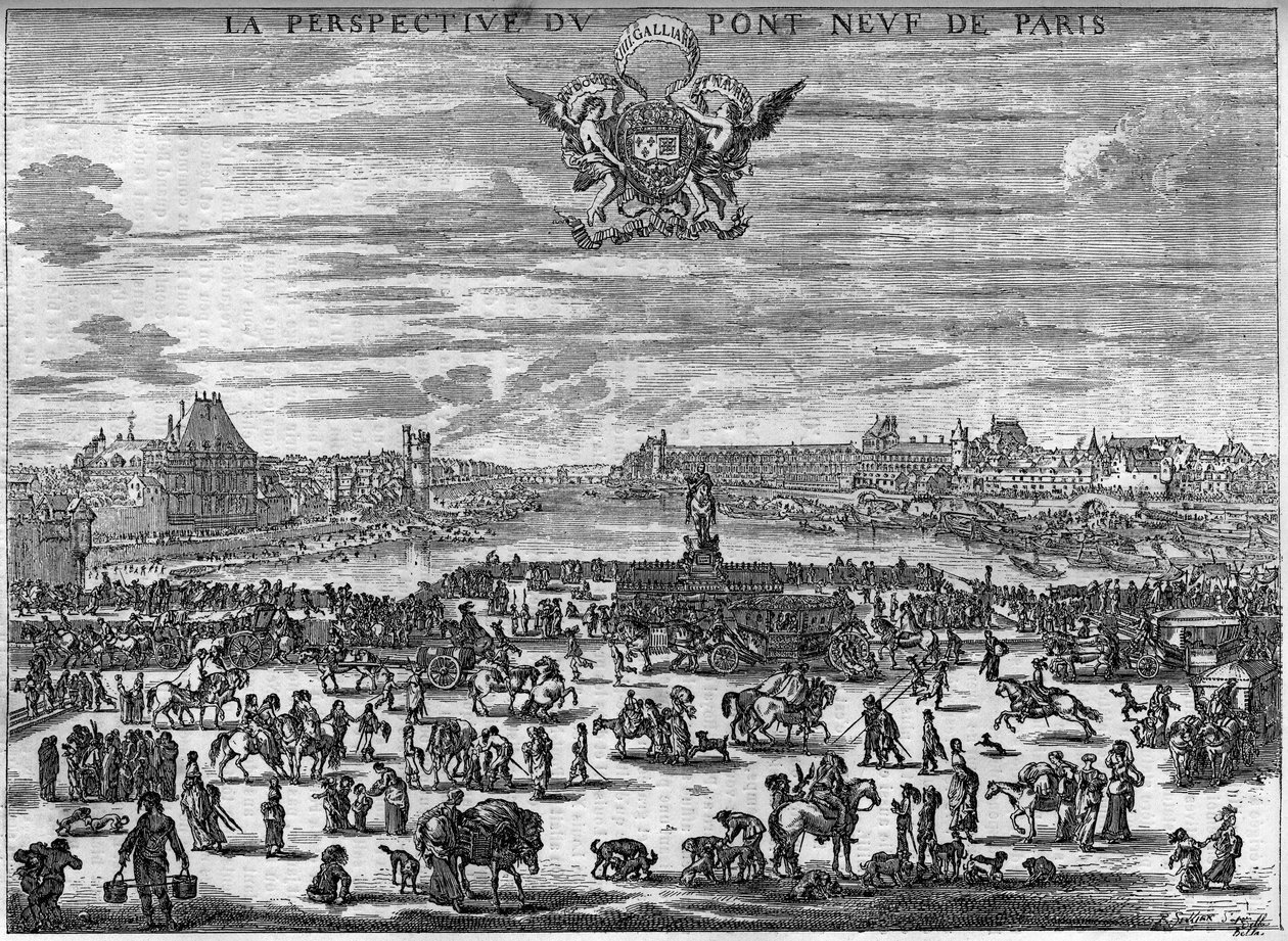 Landet af Pont Neuf de Paris i 1646 efter indgraveringen af Dela Bella. af Stefano della Bella