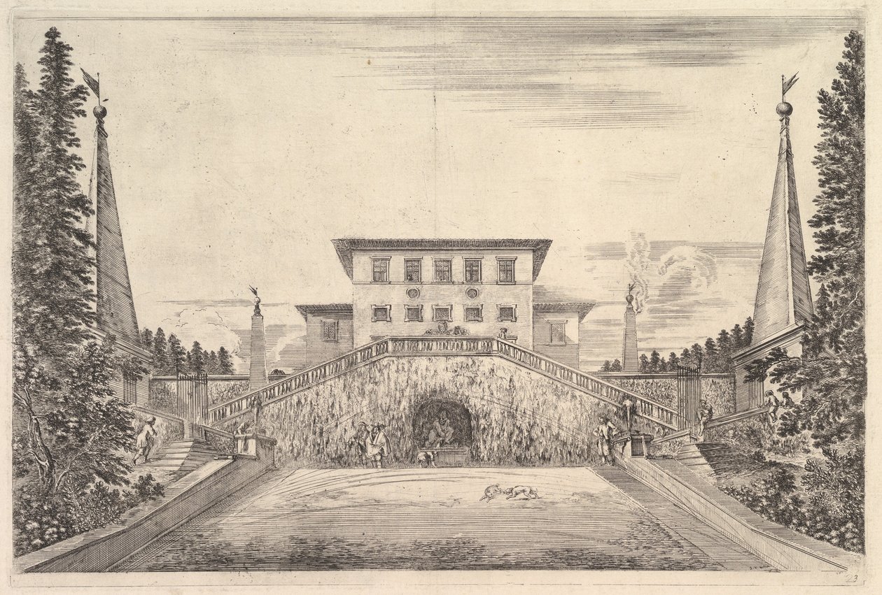 Villaen i midten flankeret af fire obelisker, en trappe til hver side, en statue i ..., ca. 1653. af Stefano della Bella