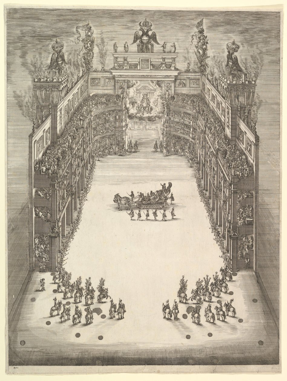 Teater i Modena, set oppefra og fyldt med tilskuere, med en triumfbil i cen..., 1652. af Stefano della Bella