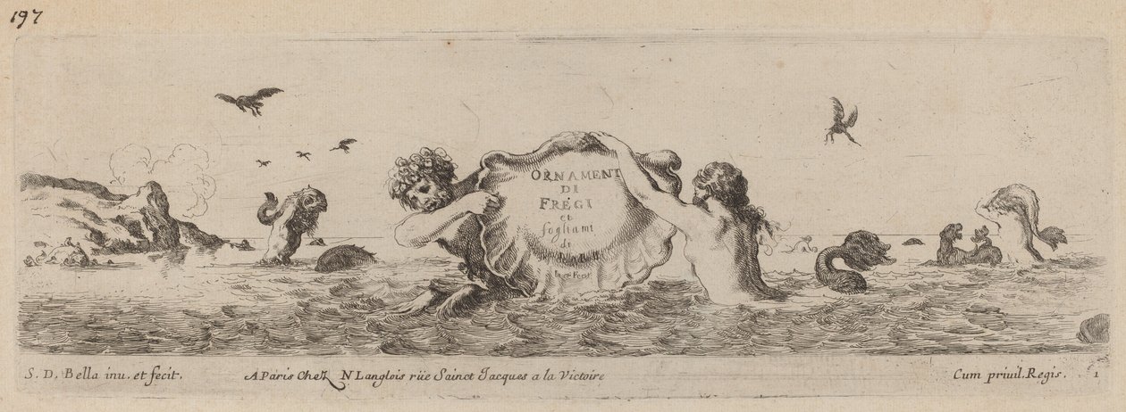 Titelblad for ornamenter af friser og fogliani, sandsynligvis 1648. af Stefano della Bella