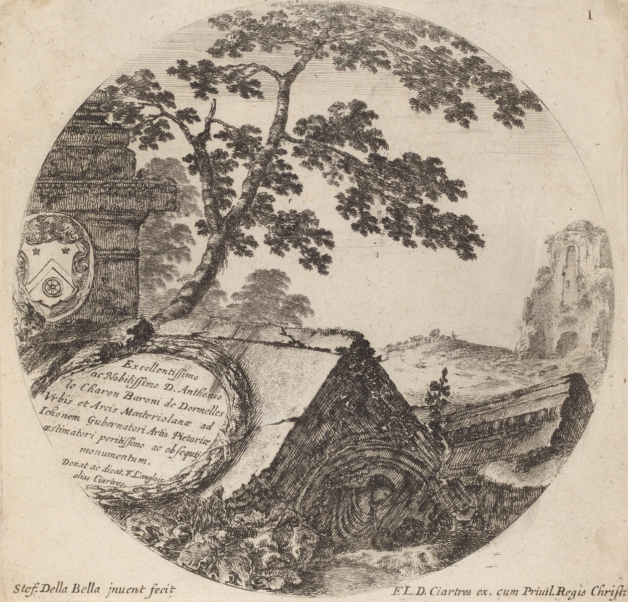 Titelblad til Roms landskaber og ruiner, 1646. af Stefano della Bella