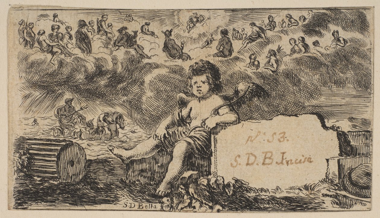 Titelside: Amor, fra Game of Mythology Jeu de la Mythologie, 1644. af Stefano della Bella
