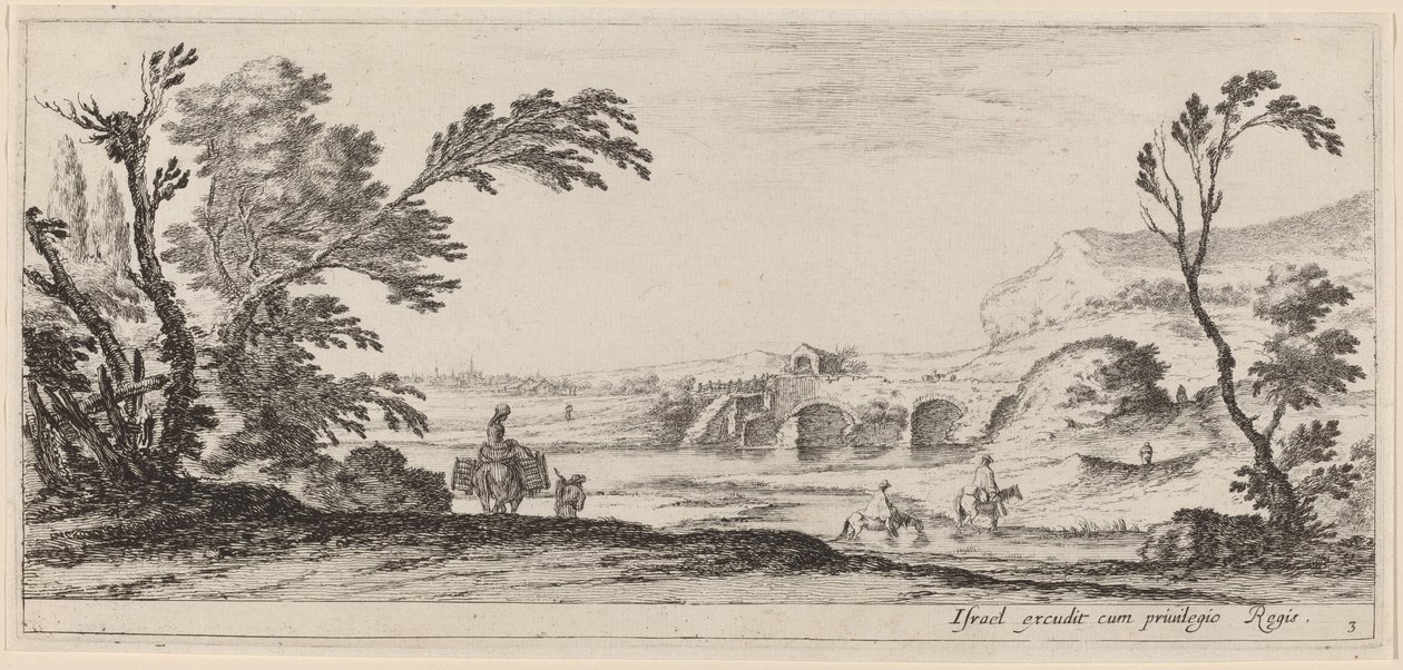 Rejsende, der går en strøm, i eller før 1647. af Stefano della Bella