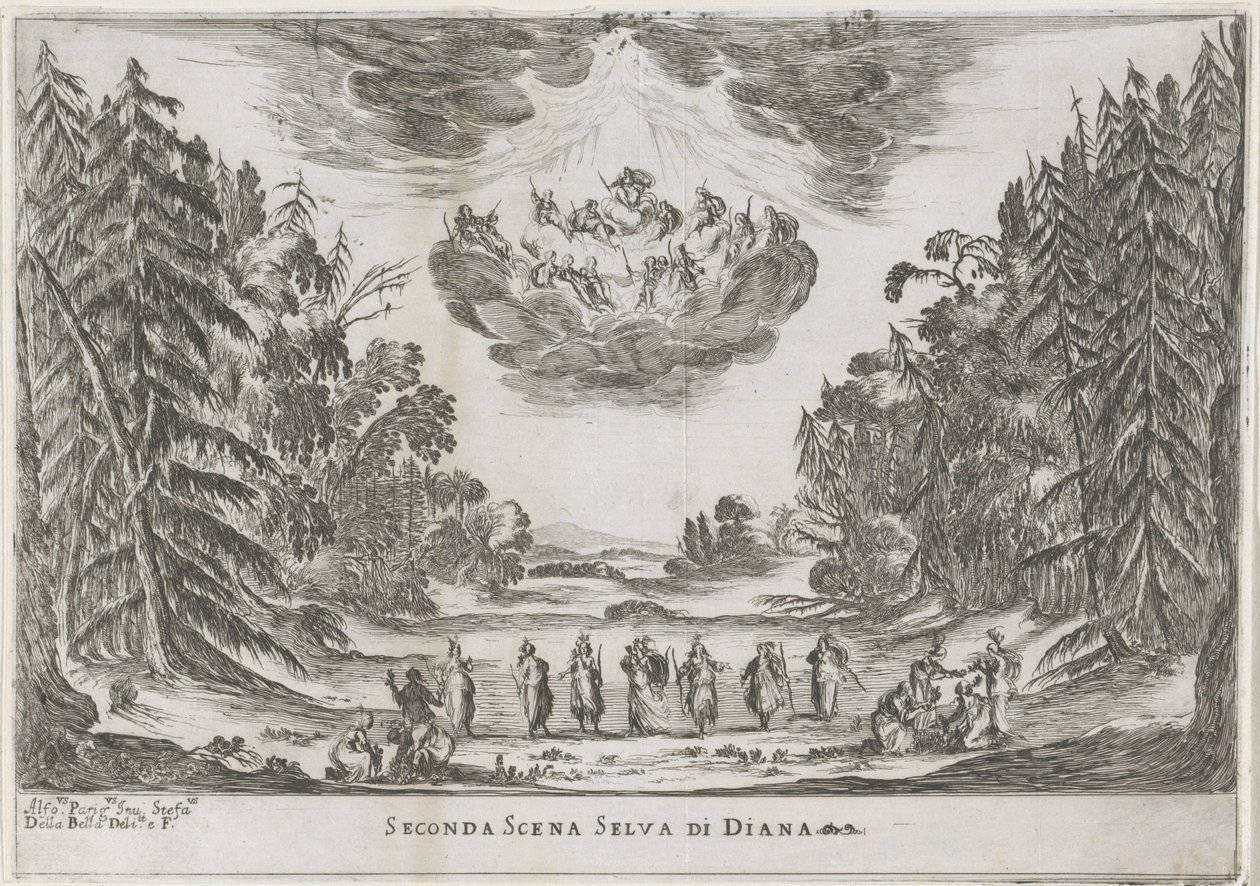 Anden scene: het bos van Diana Anden scene af Dianas skov (titel på objekt) Liberetto ter ere van de bruiloft van Ferdinando II de