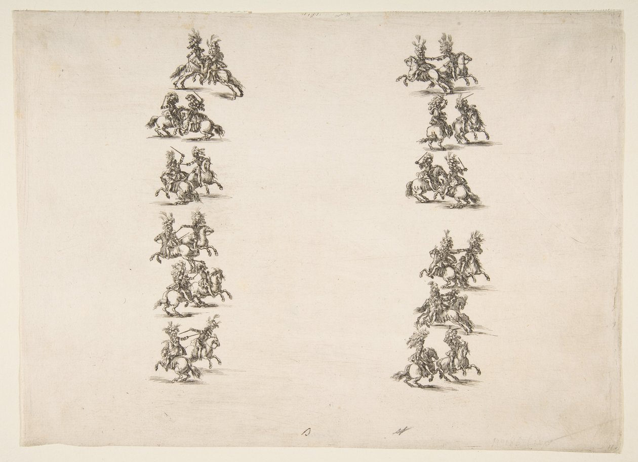 Fireogtyve kavalerer kæmper i to kolonner, 1652. af Stefano della Bella