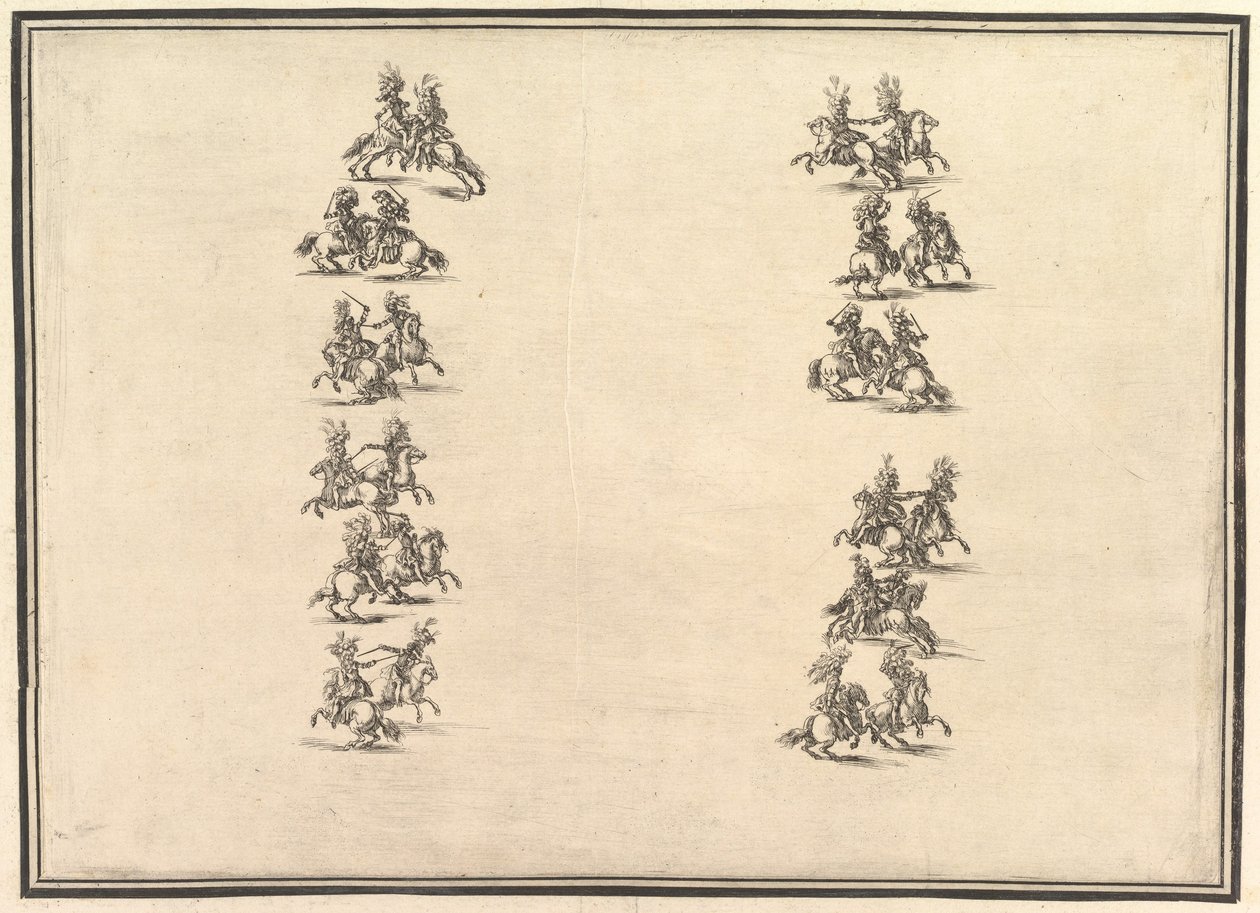 Fireogtyve ryttere, der duellerer og danner to kolonner, fra La Gara delle Stagioni, 1652. af Stefano della Bella