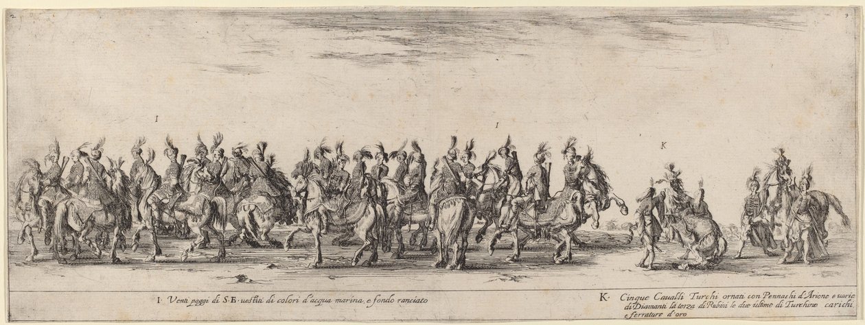 Tyve sider og fem tyrkiske heste, 1633. af Stefano della Bella