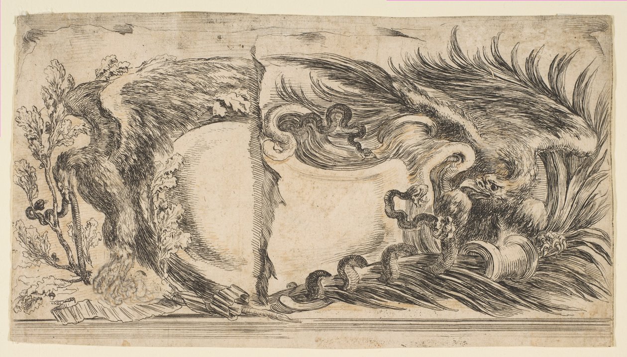 To forskellige halvdele af kartoucher, der hver viser en ørn, der kæmper mod en slange, 1646. af Stefano della Bella
