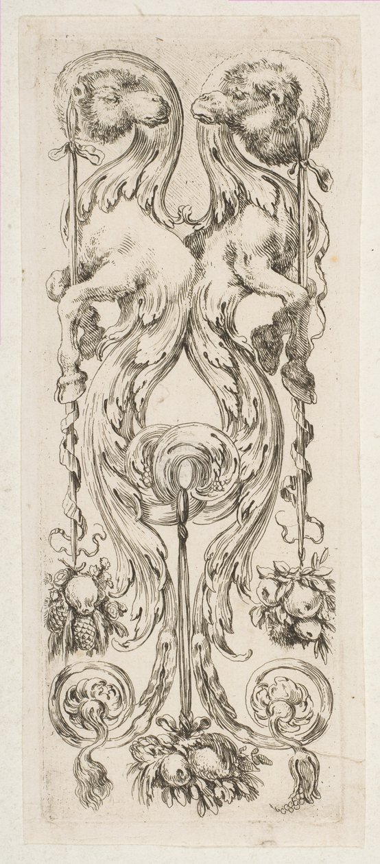 To modstående kamelhoveder med kroppe, der afsluttes i ornament, ca. 1653. af Stefano della Bella