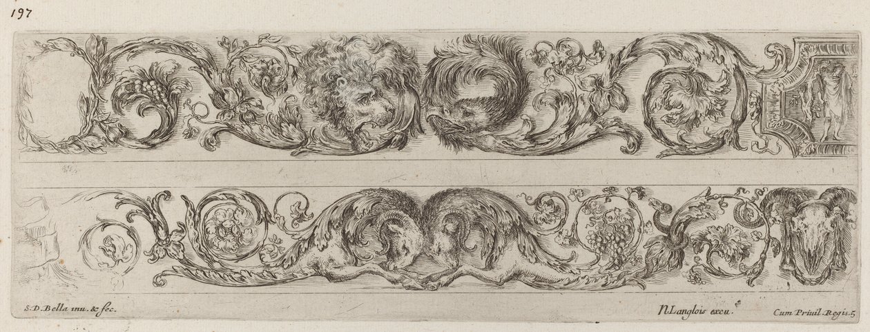 To dekorative bånd med modstående hoveder af løve og ørn og to væddere, sandsynligvis 1648. af Stefano della Bella