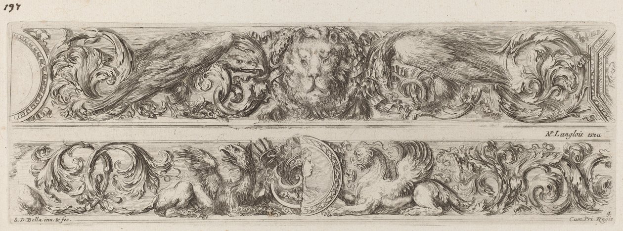 To pyntebånd med hoved af en løve og en kvinde, sandsynligvis 1648. af Stefano della Bella