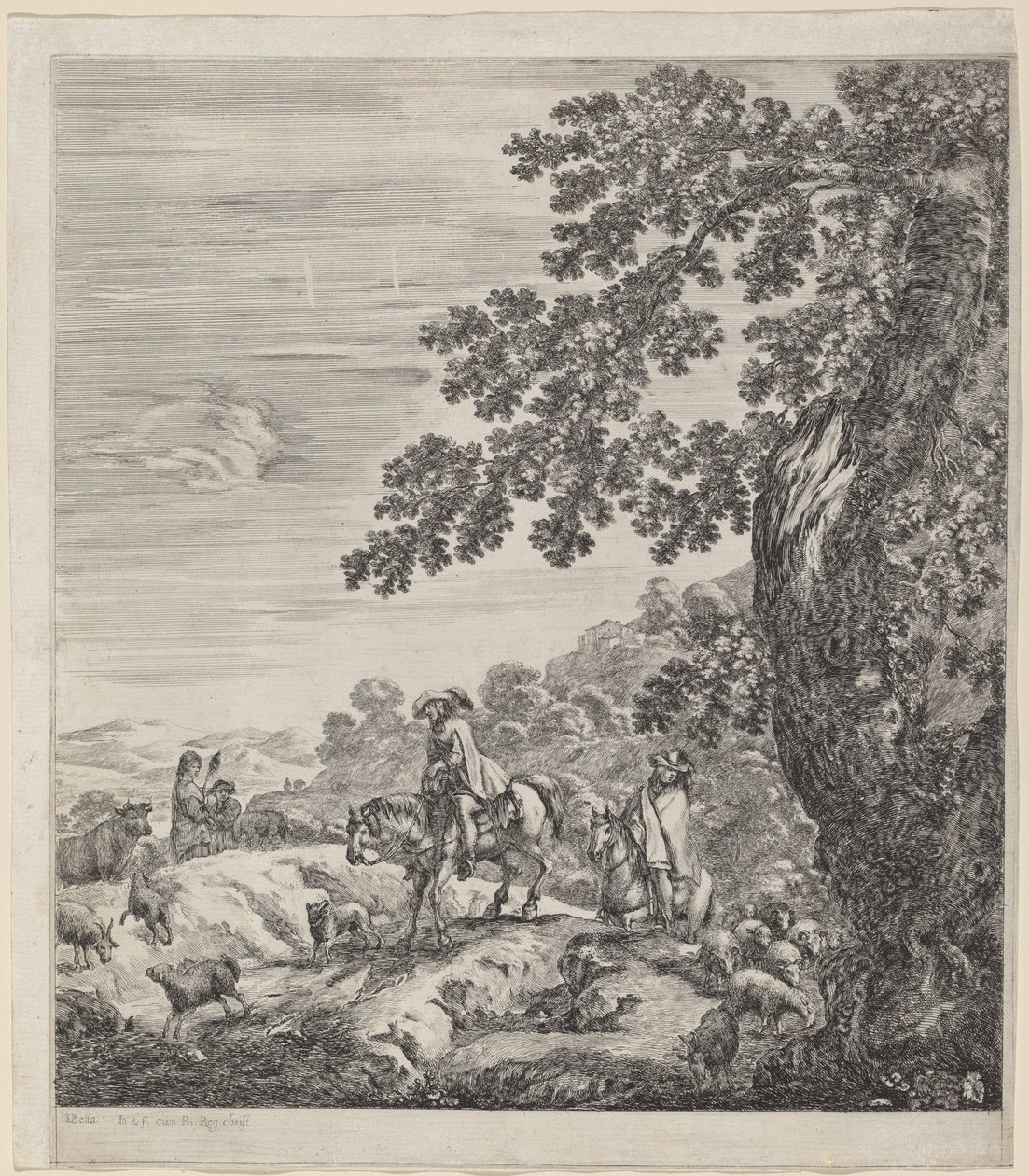 To ryttere passerer i nærheden af en flok dyr af Stefano della Bella