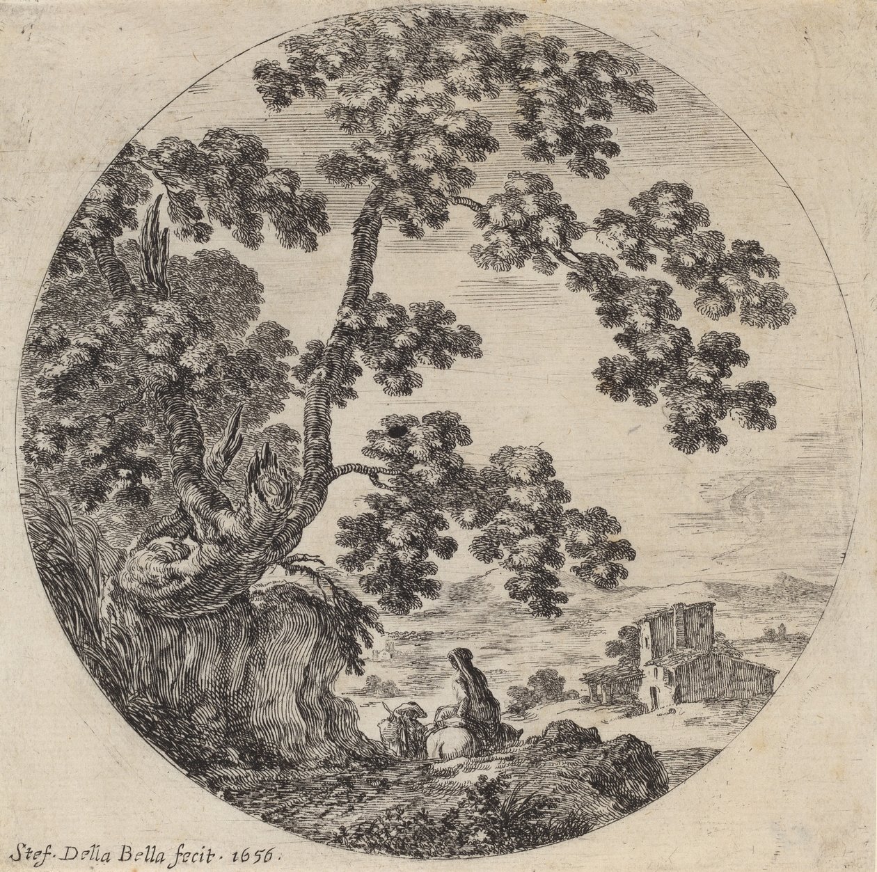 To rejsende, der passerer et gammelt egetræ, 1656. af Stefano della Bella