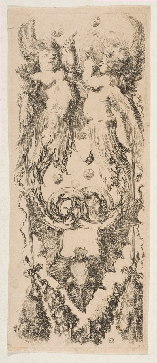 To bevingede børn med kroppe, der bliver til ornament, blæsende bobler, ca. 1653. af Stefano della Bella