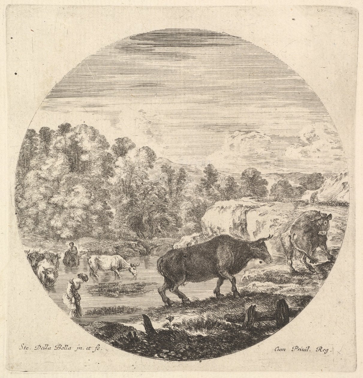To køer i midten, efterfulgt af to bondekvinder og andre køer i floden til..., ca. 1643-48. af Stefano della Bella