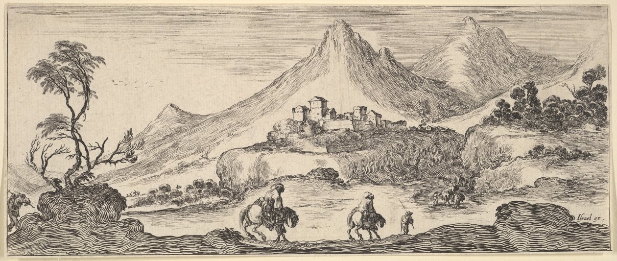 To ryttere går ned af en bakke i midten, efter en anden mand til fods, et slot i ..., ca. 1641. af Stefano della Bella