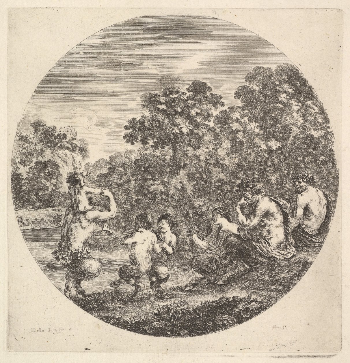 To satyrer og en faun siddende til højre og ser to barnesatyrer og en anden satyr med..., ca. 1643-48. af Stefano della Bella