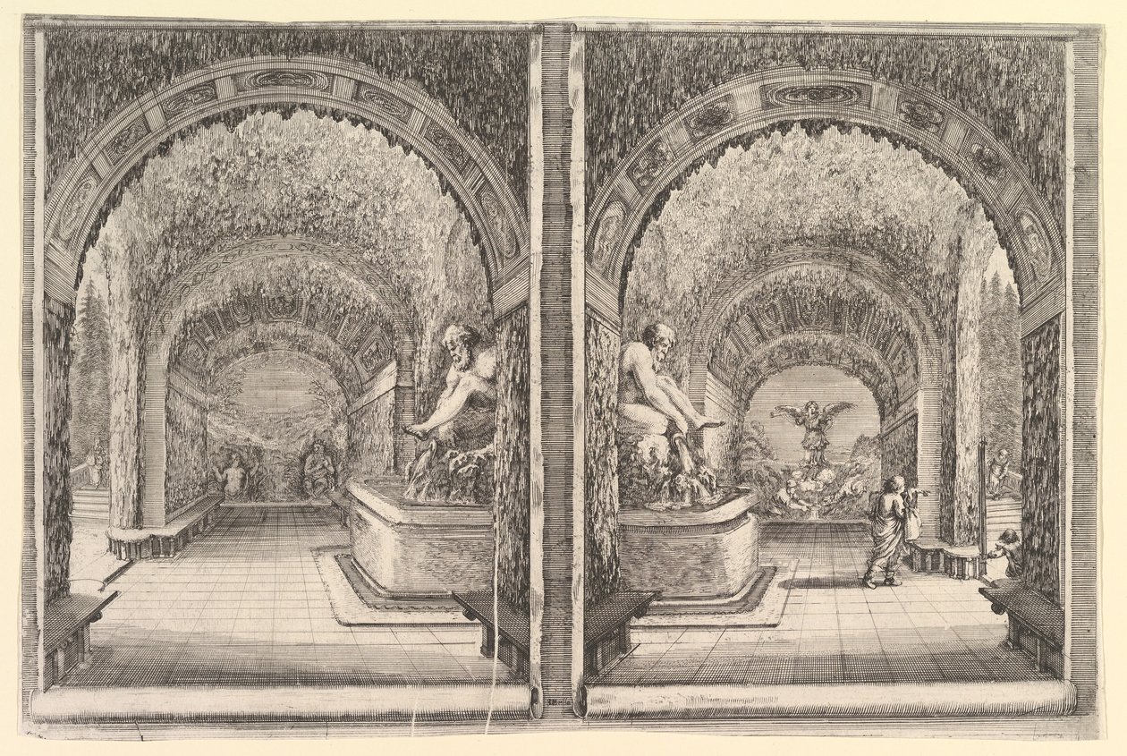 To udsigter til en grotte, begge udsigter med et springvand med en siddende statue, set fra ..., ca. 1653. af Stefano della Bella