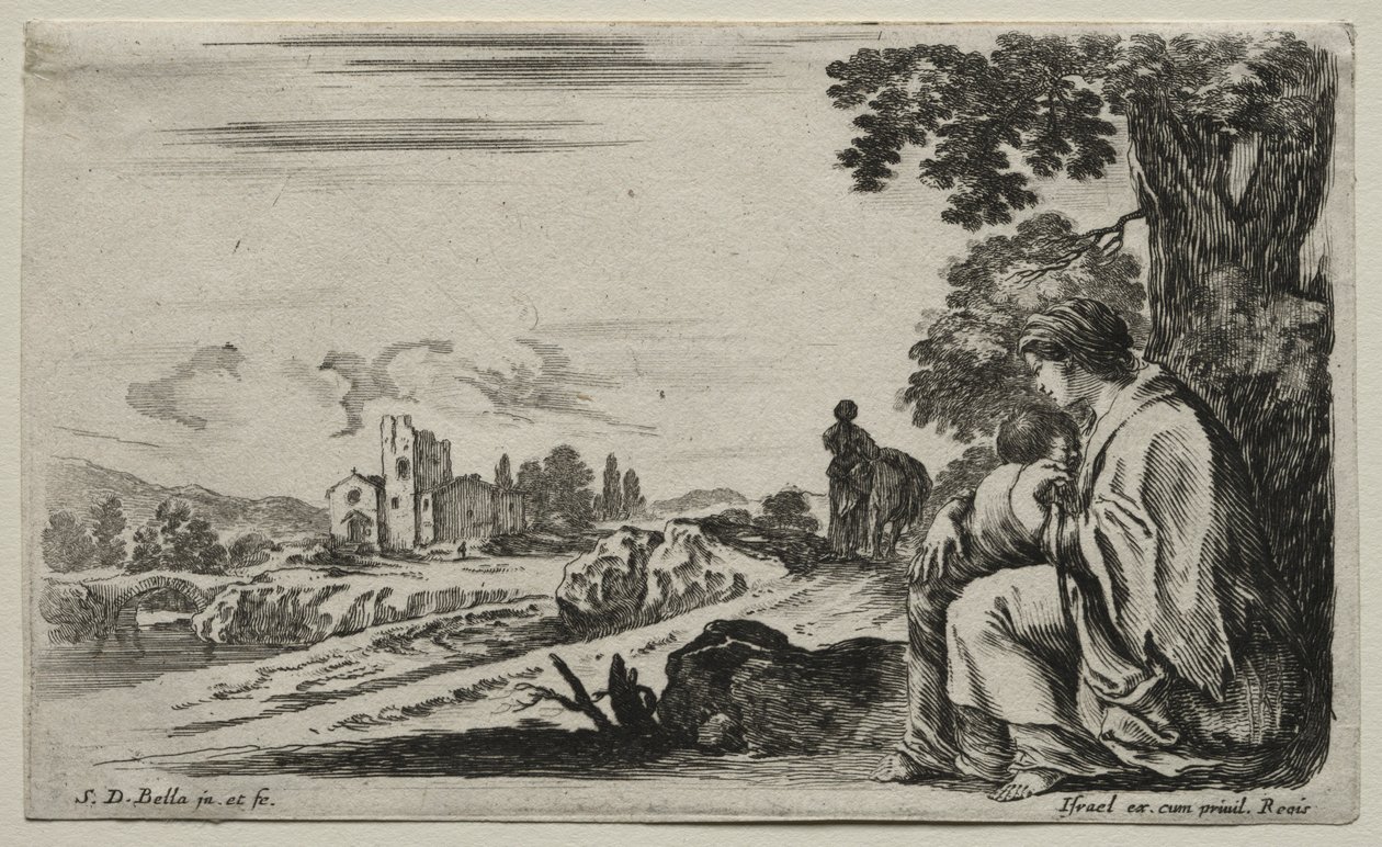 Forskellige figurer og landskaber: En fattig sygeplejerske siddende under et træ, 1649. af Stefano della Bella