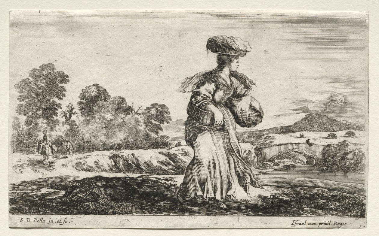 Forskellige figurer og landskaber: Bondekvinde, der bærer en kurv på hovedet, 1649. af Stefano della Bella