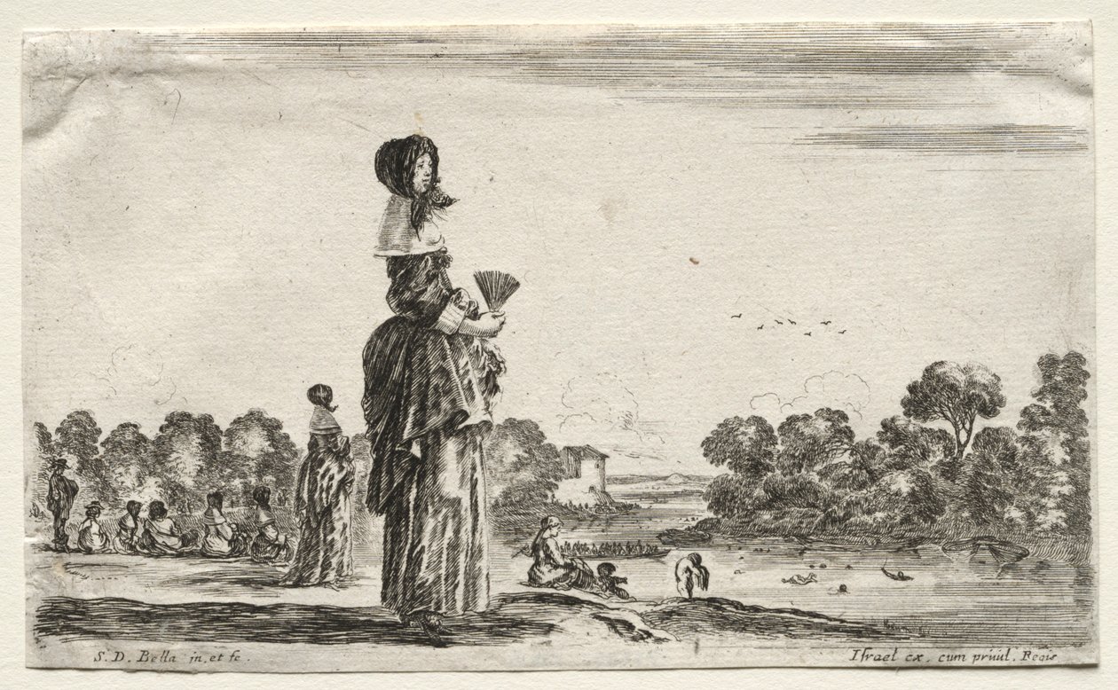 Forskellige figurer og landskaber: Kvinder ser på badende langs en flod, 1649. af Stefano della Bella